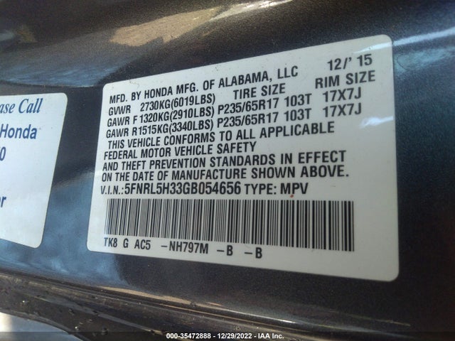 2016 Honda Odyssey, VIN: 5FNRL5H33GB054656