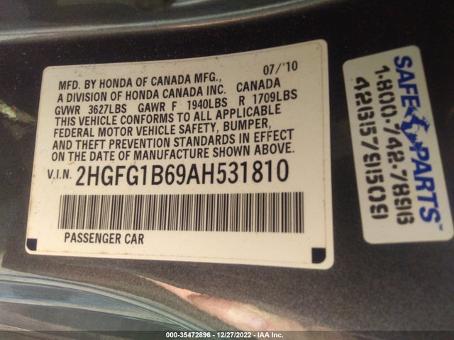 2010 HONDA CIVIC CPE LX VIN: 2HGFG1B69AH531810