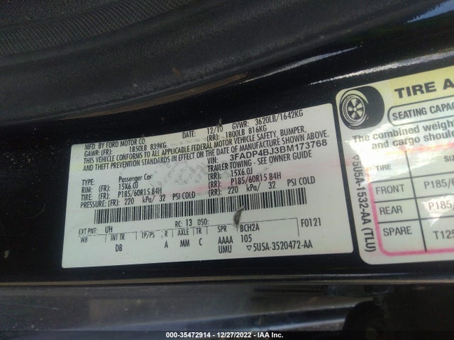 2011 FORD FIESTA SE VIN: 3FADP4BJ3BM173768