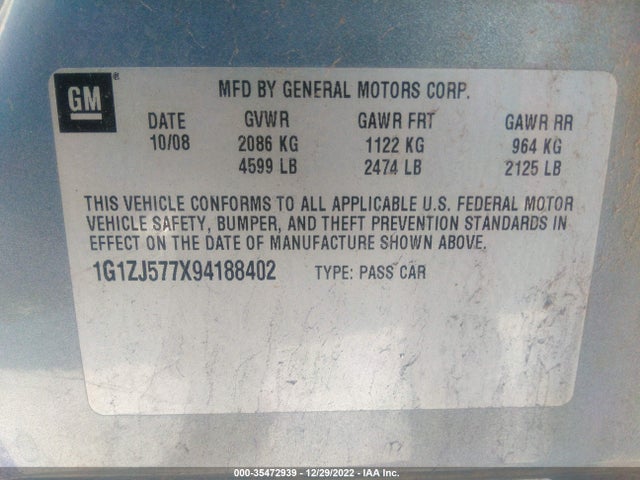 2009 CHEVROLET MALIBU LT W/2LT VIN: 1G1ZJ577X94188402
