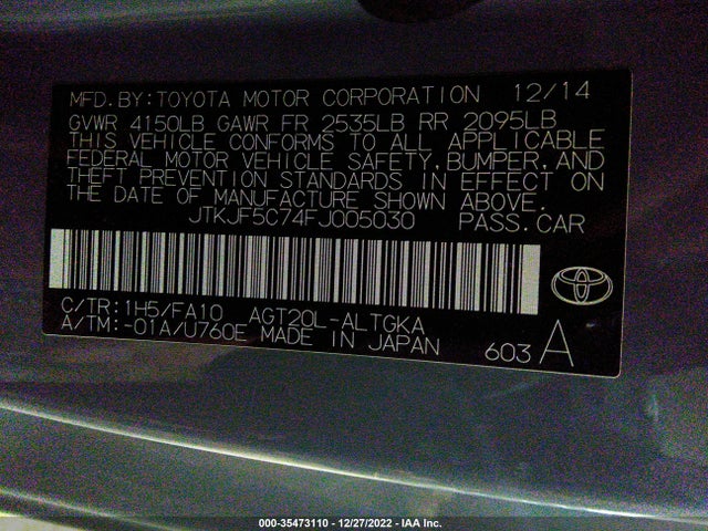 2015 SCION TC VIN: JTKJF5C74FJ005030
