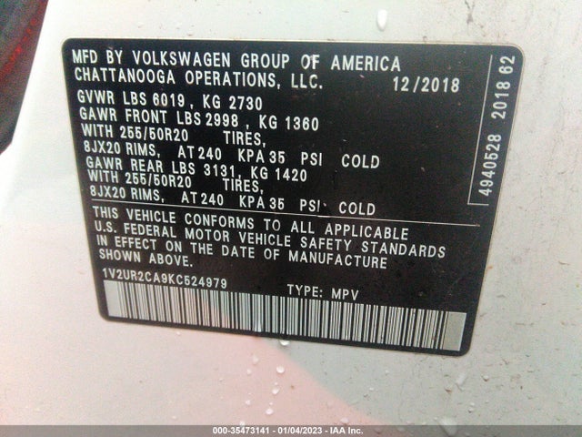 1V2UR2CA9KC524979 Volkswagen Atlas 3.6l V6 Se W/technology