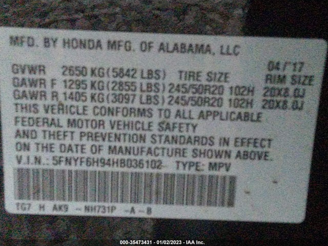 Honda Pilot Touring 2017 5FNYF6H94HB036102 Image 9