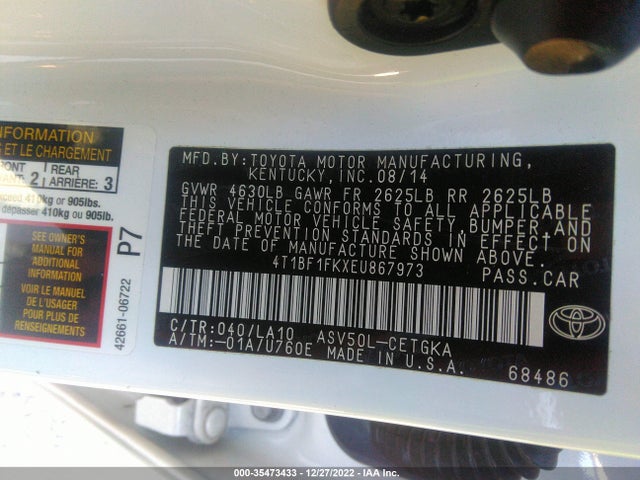 2014 TOYOTA CAMRY L/LE/XLE/SE/SE SPORT VIN: 4T1BF1FKXEU867973