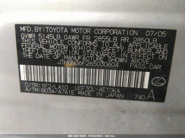 2006 LEXUS LS 430 VIN: JTHBN36F265030604