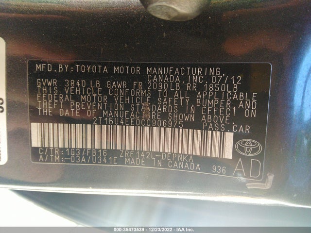 2012 TOYOTA COROLLA L/LE/S VIN: 2T1BU4EE0CC906975