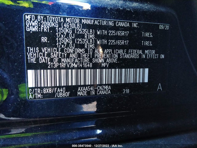 2021 TOYOTA RAV4 XLE VIN: 2T3P1RFV3MW141648