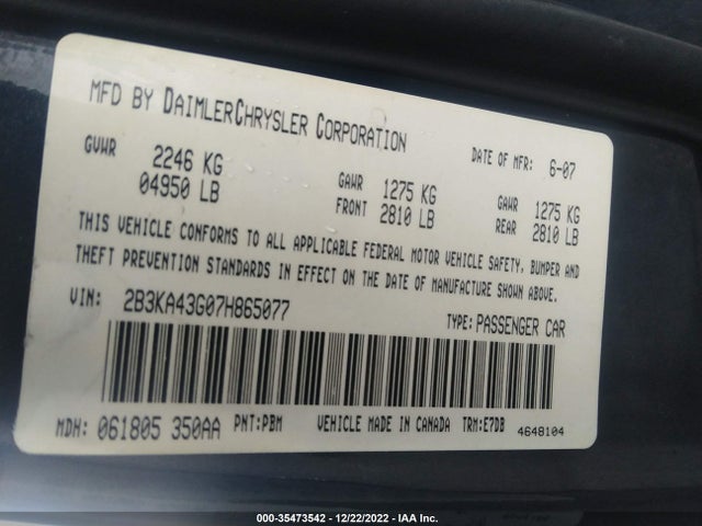 2007 DODGE CHARGER VIN: 2B3KA43G07H865077