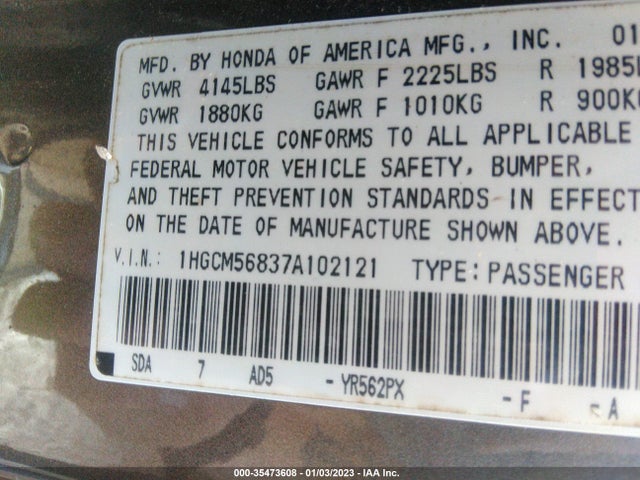 2007 HONDA ACCORD SDN EX-L VIN: 1HGCM56837A102121