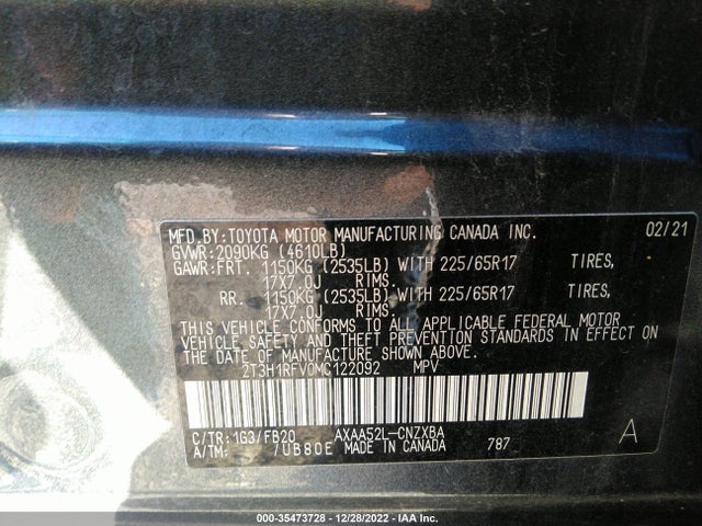 2021 TOYOTA RAV4 LE VIN: 2T3H1RFV0MC122092
