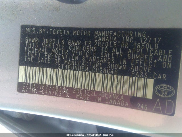 2018 TOYOTA COROLLA L/LE/XLE/SE/XSE VIN: 2T1BURHE9JC028646