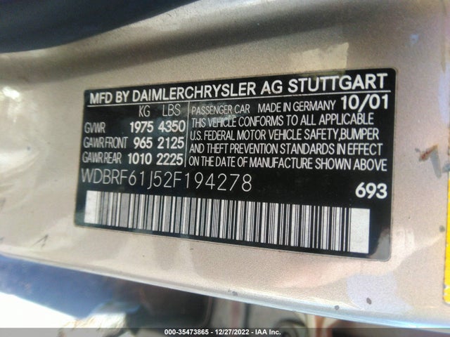 2002 MERCEDES-BENZ C CLASS VIN: WDBRF61J52F194278