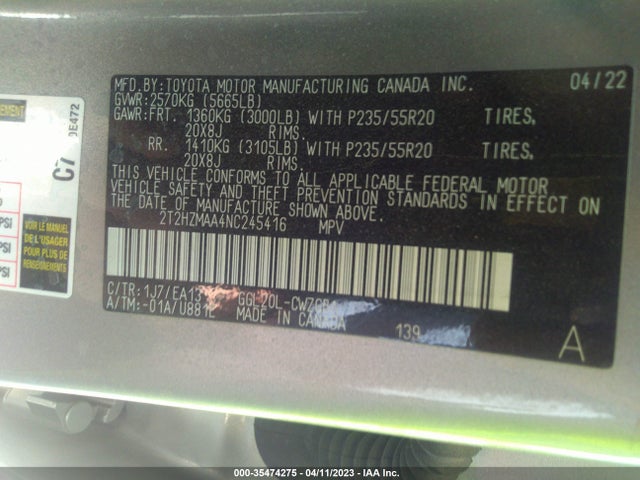 2022 Lexus RX, VIN: 2T2HZMAA4NC245416