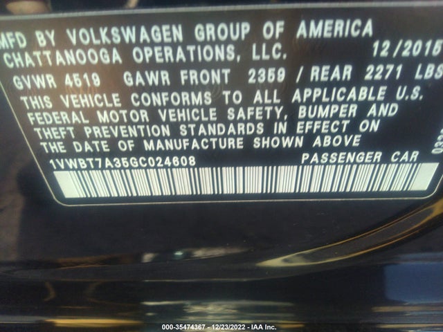 2016 VOLKSWAGEN PASSAT 1.8T SE VIN: 1VWBT7A35GC024608