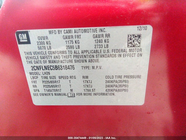 2011 CHEVROLET EQUINOX LT W/2LT VIN: 2CNFLNEC5B6318476