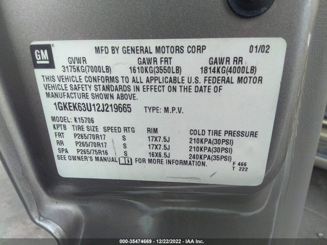 GMC YUKON DENALI 2002 1GKEK63U12J219665 Image 10