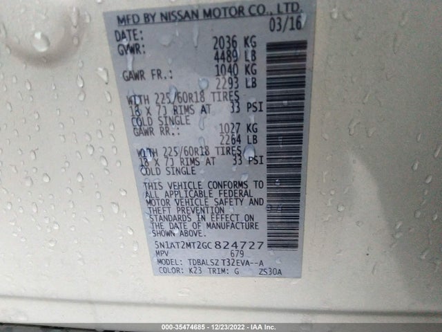 2016 NISSAN ROGUE SL VIN: 5N1AT2MT2GC824727