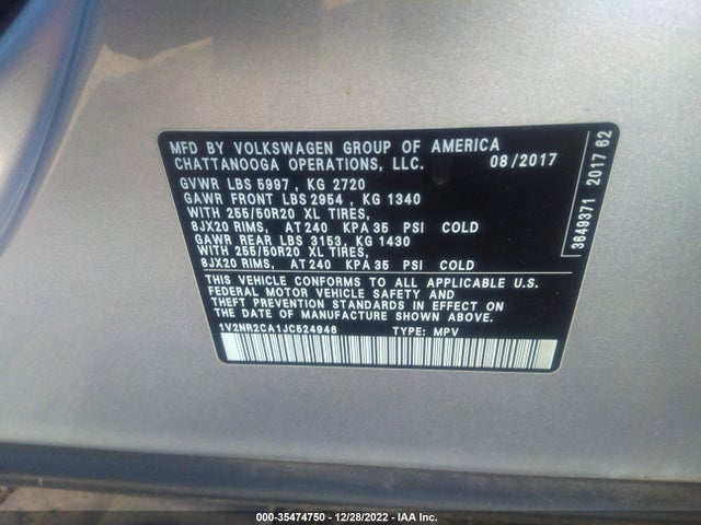 1V2NR2CA1JC524946 Volkswagen Atlas 3.6l V6 Sel Premium