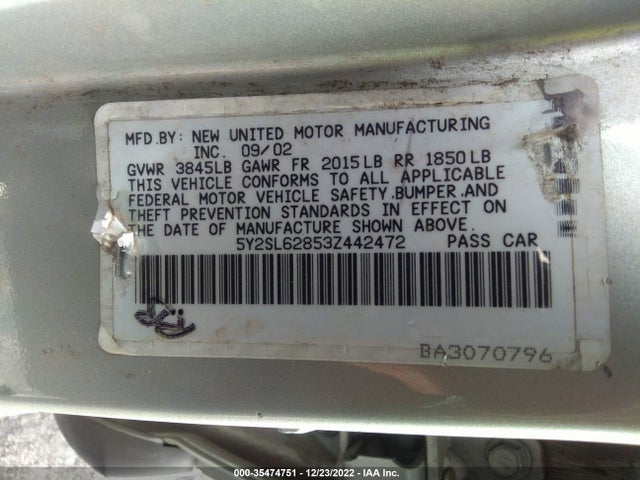 2003 PONTIAC VIBE VIN: 5Y2SL62853Z442472