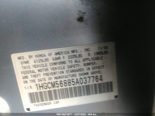 2005 HONDA ACCORD SDN EX-L VIN: 1HGCM56885A037764