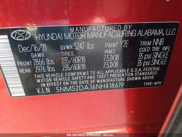 2022 HYUNDAI SANTA FE SEL VIN: 5NMS2DAJ6NH418619