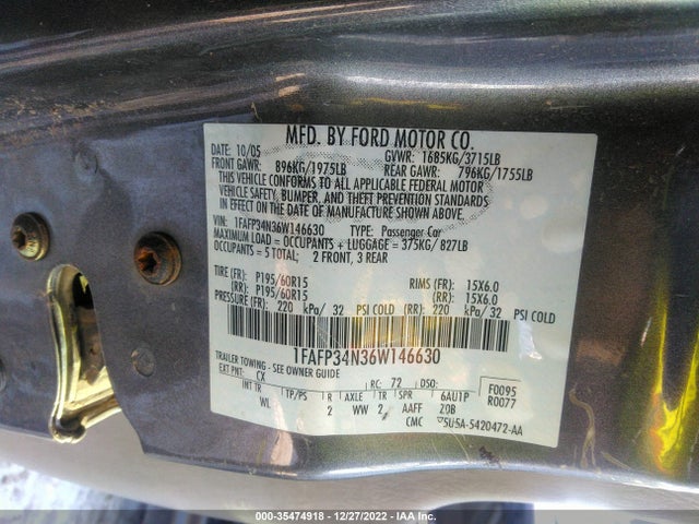 2006 FORD FOCUS S/SE/SES VIN: 1FAFP34N36W146630