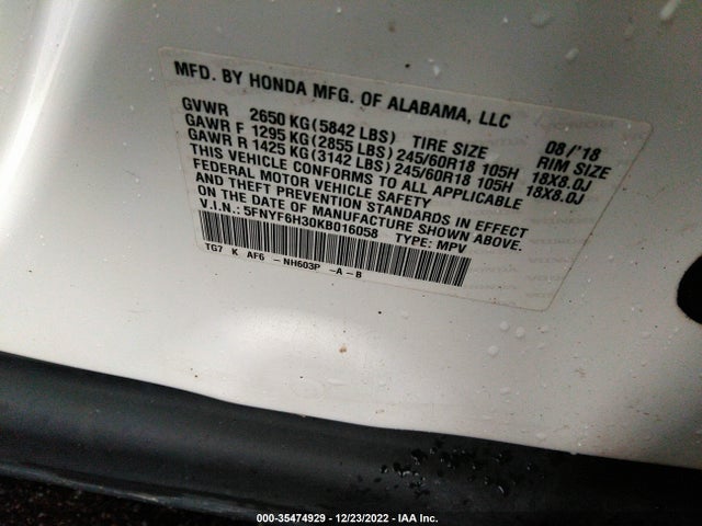 2019 Honda Pilot, VIN: 5FNYF6H30KB016058