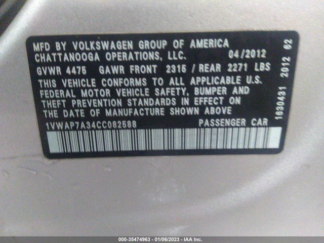 Volkswagen Passat S W/appearance 2012 1VWAP7A34CC082588 Image 10