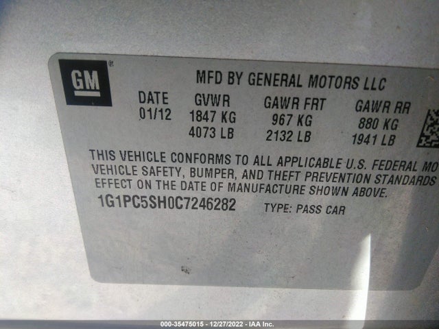 2012 CHEVROLET CRUZE LS VIN: 1G1PC5SH0C7246282