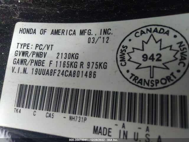 Acura Tl Auto 2012 19UUA8F24CA801486 Image 10