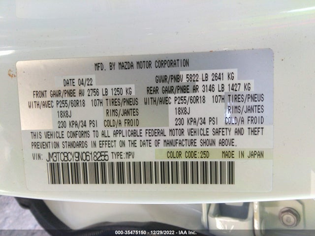 2022 Mazda CX-9, VIN: JM3TCBCY9N0618255