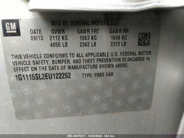 2014 CHEVROLET IMPALA LT VIN: 1G1115SL2EU122292