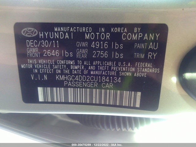 2012 HYUNDAI GENESIS 3.8L VIN: KMHGC4DD2CU184134