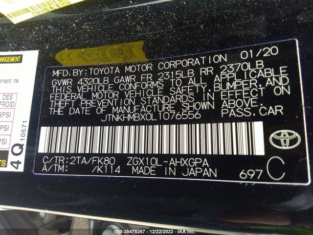 2020 TOYOTA C-HR LE/XLE/LIMITED VIN: JTNKHMBX0L1076556