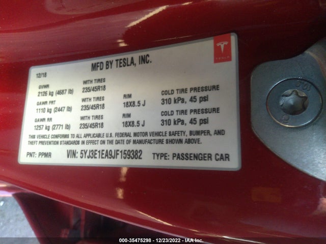 Tesla MODEL 3 2018 5YJ3E1EA9JF159382 Image 9