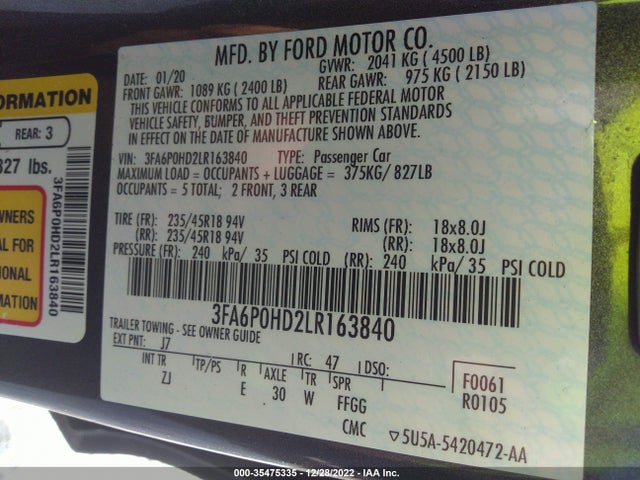 2020 Ford Fusion, VIN: 3FA6P0HD2LR163840