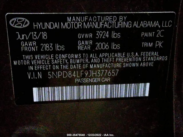 2018 HYUNDAI ELANTRA SEL VIN: 5NPD84LF9JH377657