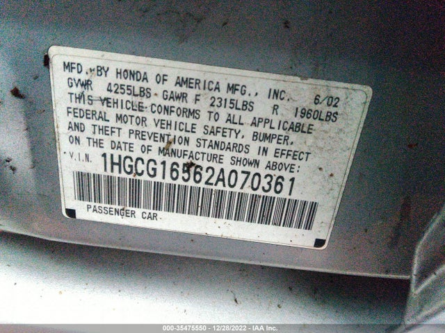 2002 HONDA ACCORD SDN EX W/LEATHER VIN: 1HGCG16562A070361