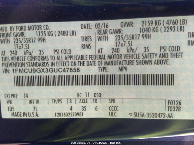 2016 Ford Escape, VIN: 1FMCU9GX3GUC47858