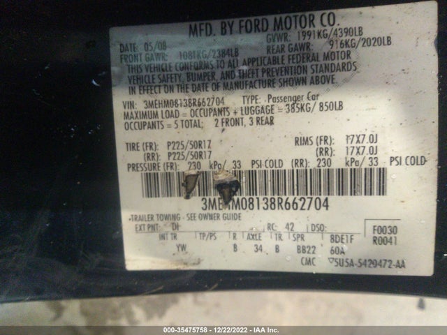 2008 MERCURY MILAN PREMIER VIN: 3MEHM08138R662704