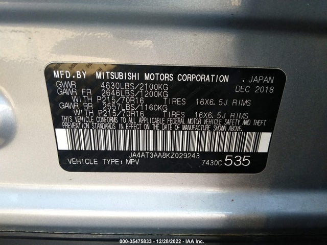 JA4AT3AA8KZ029243 Mitsubishi Eclipse Cross