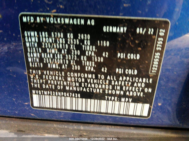 2022 VOLKSWAGEN ID.4 PRO S VIN: WVGTMPE28NP047436