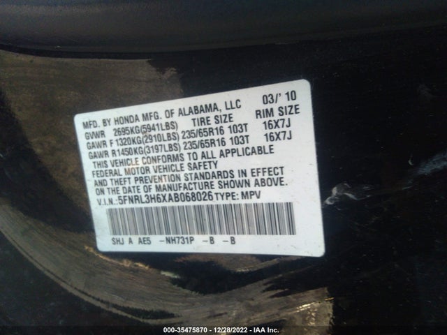 2010 HONDA ODYSSEY EX-L VIN: 5FNRL3H6XAB068026