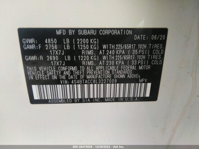4S4BTACC8L3227009 Subaru Outback Premium