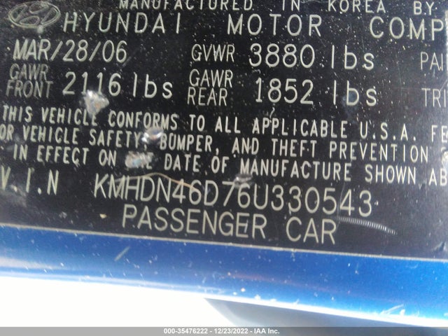 2006 HYUNDAI ELANTRA GLS/LIMITED VIN: KMHDN46D76U330543