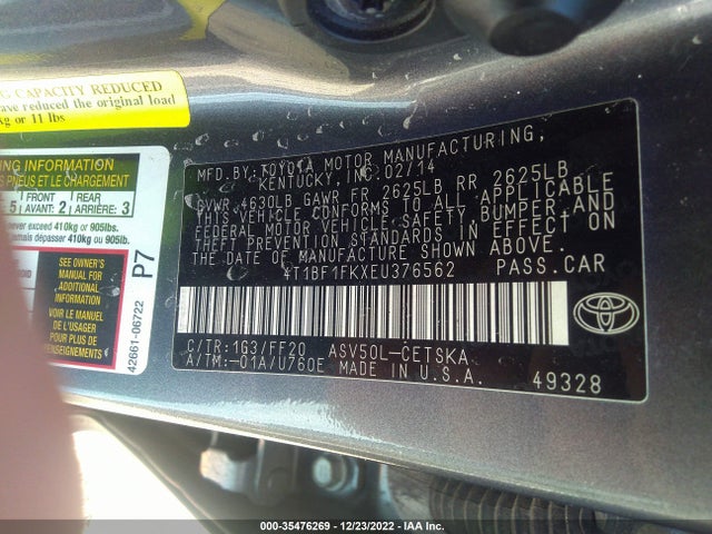 2014 TOYOTA CAMRY L/LE/XLE/SE/SE SPORT VIN: 4T1BF1FKXEU376562