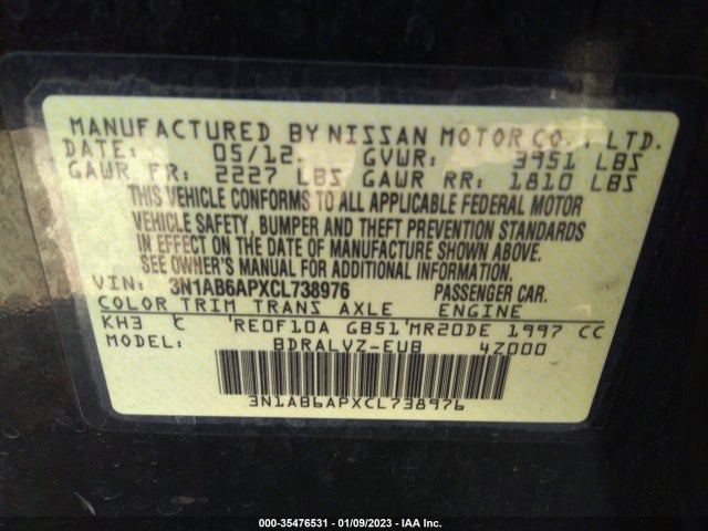 2012 NISSAN SENTRA 2.0 SL VIN: 3N1AB6APXCL738976