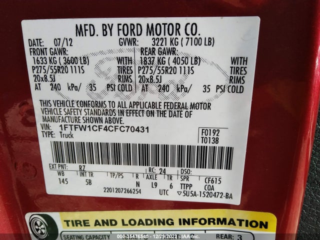2012 FORD F-150 XL/XLT/FX2/LARIAT VIN: 1FTFW1CF4CFC70431
