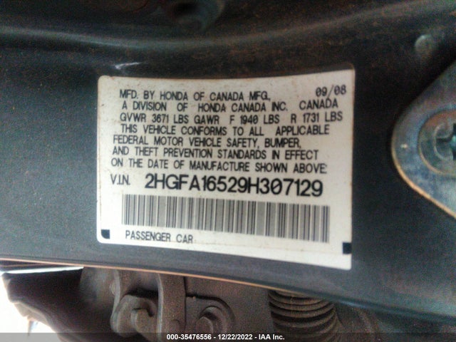 2009 HONDA CIVIC SDN LX VIN: 2HGFA16529H307129