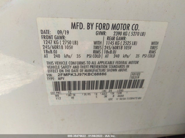 Ford EDGE SEL 2019 2FMPK3J97KBC68886 Image 10